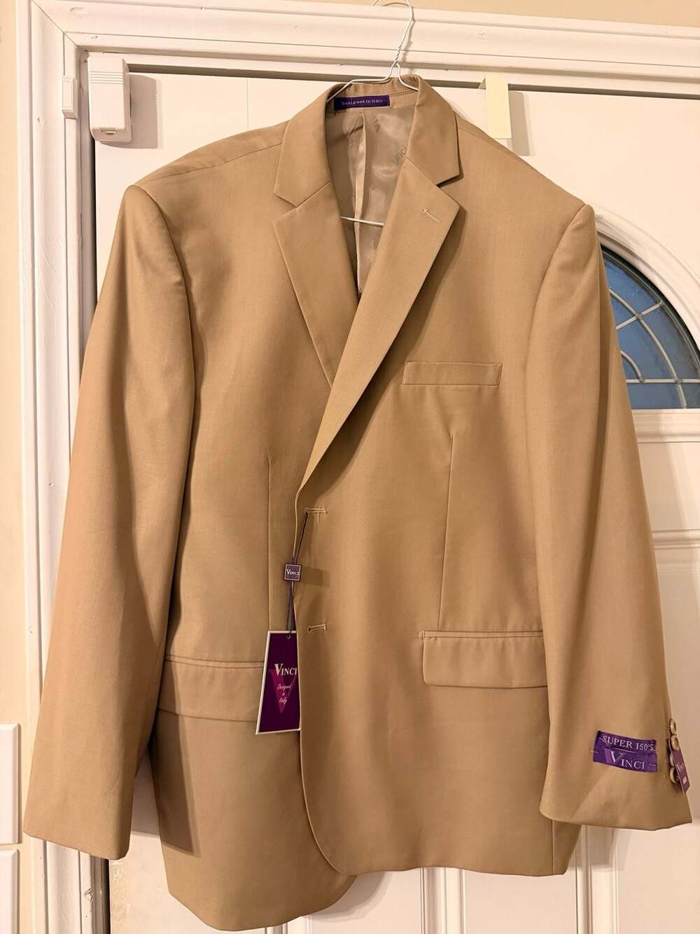Vinci Men's Super 150's Designed in Italy Beige Two-Button Sport Coat 46S